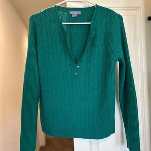 Laura Scott Green V-Neck Buttoned Sweater with Ribbed Hem, Size MP